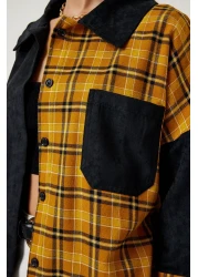 Happiness İstanbul Women's Black Mustard Color Blocked Suede Woven Shirt WF00064