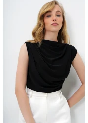Trend Alaçatı Stili Women's Black High Collar Shoulder Draped Sleeveless Sandy Blouse ALC-X10021