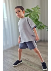 My Baby's World Smoked-Grey Natural Muslin Fabric Boy's Garnished Shorts Summer Suit Mtye0083