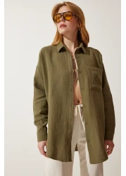 Happiness İstanbul Women's Khaki Oversize Muslin Shirt with Pockets MX00150
