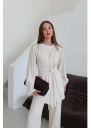 Laluvia Natural Gold Brooch Blouse Trousers Set - 8759