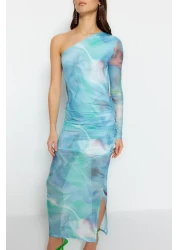  Collection Blue Patterned Draped Body Fitted Flexible Maxi Tulle Pencil Dress TWOSS23EL01799