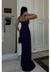 Mossta Purple Glitter Heart Neckline Slit Evening Dress