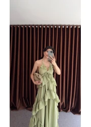 HAZELANNA فستان طويل متعدد الطبقات باللون الأخضر