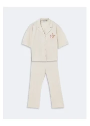 LC Waikiki طقم بيجامة نسائي بياقة قميص LCW Young Beige مطبوع عليه دب تيدي