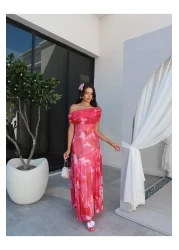 ESRAHELVACI فستان منقوش عليه زهور بياقة مادونا