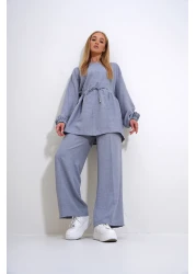 Trend Alaçatı Stili طقم بنطلون نسائي باللون الرمادي من Palazzo Tunic برقبة دائرية - ALC-X12299