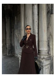 buqre's moda طقم تنورة سترة بحزام وأزرار ذهبية فاخرة