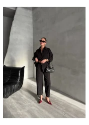 Laluvia Black Marlin Belted Shirt Trousers Set - 8453