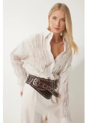 Happiness İstanbul Women's Cream Gathered Draped Woven Shirt Dp00234