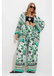 Trend Alaçatı Stili طقم جاكيت كيمونو نسائي باللونين الأخضر والأبيض وبنطلون بالازو Alc-X11751