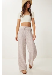 Lovelyİstanbul بنطال موسلين بالازو مخطط باللون الأحمر الداكن LSA0010