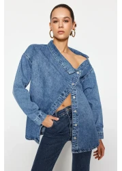  Collection Blue Asymmetrical Neckline Detail Oversize Denim Shirt Twoss24Go00034