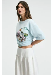 GRIMELANGE تي شيرت نسائي من NITZA مصنوع من القطن بنسبة 100% برقبة دائرية كبيرة الحجم باللون الأزرق