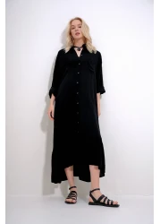 Trend Alaçatı Stili Women's Black Single Pocket Skirt Flounced Back Printed Woven Viscose Shirt Dress ALC-X12015