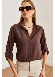 Olalook Women's Linen Shirt - Brown, Sleeve Folded, Gml- 19000825
