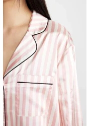 Defacto طقم بيجامة من الساتان مخطط بأكمام طويلة - C9445ax24au