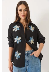 Bianco Lucci Women's Tulle Floral Accessory Long Sleeve Cotton Shirt 6526 60283057