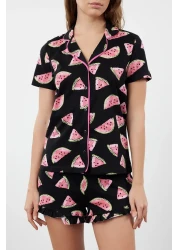  Collection Women Couple/Pair Black 100% Cotton Watermelon Patterned Frilly Shorts Knitted Pajamas Set Thmss21Pt0670