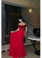Mossta Off-The-Shoulder Sequined Long Evening Dress - Red