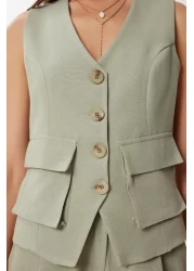 Happiness İstanbul Women's Green Linen Vest Palazzo Pants Suit Bv00126