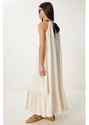 Lovelyİstanbul فستان كتان صيفي بحزام متباين كريمي LFG0007