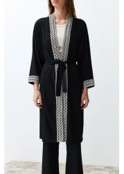 Collection Black Embroidery Detailed Belted Woven Kimono-Pants Set Twoss24Au00064
