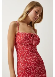 Happiness İstanbul Women's Red and White Floral Slit Summer Knitted Dress CI00029