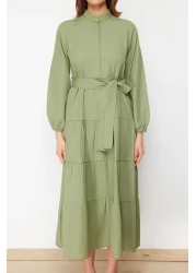  Modest Light Khaki Belted Chief Collar Button Detail Woven Dress TCTSS21EL3343