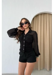 RB CLUB بلوزة شيفون بأكمام مفصلة وأزرار باللون الأسود