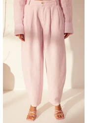  Collection بنطلون وردي 100% كتان عالي الخصر TWOSS24JE00243