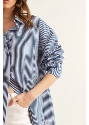 Olalook Women's Striped Navy Blue Hidden Placket Poplin Shirt Gml- 19000867