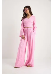 Bianco Lucci Women's V-Neck Lacing Detailed Blouse Pocket Detailed Elastic Waist Loose Trousers Suit 60283324