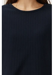  Collection Corduroy Pajama SeT - Navy Blue, Slogan PrinTed T-shirt and Trousers THMSS21PT1016