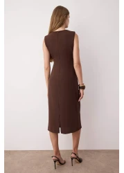  Collection Brown Straight Body Wrap Midi Woven Dress Twoss25El00204