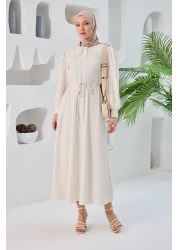 LOCCO Women's Baby Collar Lace Detailed Hijab Dress Ecru
