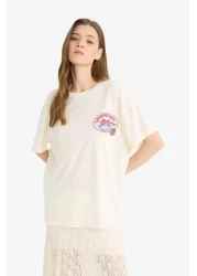 Defacto تي شيرت رائع ذو قصة واسعة وياقة دائرية وأكمام قصيرة مطبوعة من الخلف F4787ax25sm