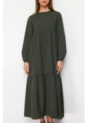  Modest فستان منسوج من القطن ذو قصة واسعة ومفصل باللون الكاكي TCTSS21EL3406