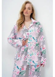 Trend Alaçatı Stili طقم بيجامة نسائي طويل من الساتان مطبوع رقميًا ومزين بتفاصيل باودر PJM-X13913