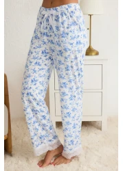  Collection طقم بيجامة محبوكة باللون الأزرق مع دانتيل زهور متعدد الألوان وتفاصيل شريط/قوس THMSS20PT0134