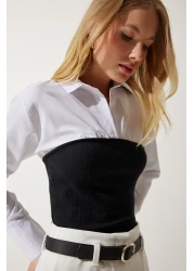 Happiness İstanbul Women's White Black Polo Neck Color Blocked Shirt Blouse AN00174