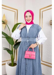 HARMAN BUTİK Women's V-Neck Buttoned Blue Denim Gilet