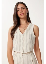 Happiness İstanbul Women's Cream Black Striped Linen Vest Pants Suit Bv00129