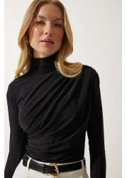 Happiness İstanbul Women's Black Gather Detailed High Collar Sandy Blouse FF00135