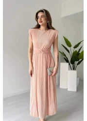 MODAMİNEM Women's Powder Pleated Lacing Detail Dress