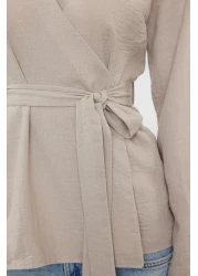  Collection Gray V-Neck Woven Blouse - Double Breasted and Tie Detailed TWOSS24BZ00371