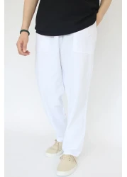 nobility jean بنطلون كتان أبيض مريح صيفي للجنسين مع خصر مرن من القطن برباط رائع