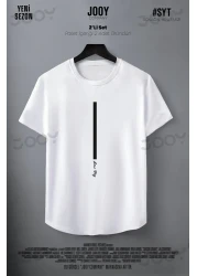 Jooy Company تي شيرت أسود أبيض بقصة ضيقة - طقم مكون من قطعتين مطبوع بمفتاح منخفض
