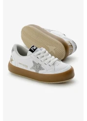 Tonny Black Children's Unisex White Silver Thermo Sole Star Detailed Lace up and Velcro Sports Shoes