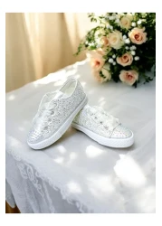 pediashoes Girl's Silver Color Stone Lace up Stylish Shoes